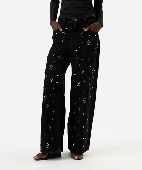 calça reta oversized feminina jeans com brilhos cintura alta preta