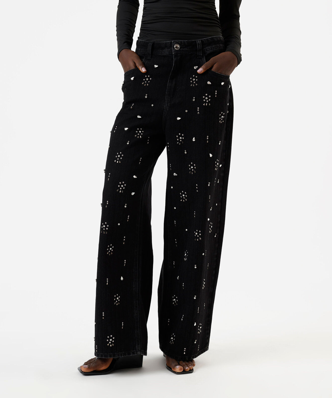 calça reta oversized feminina jeans com brilhos cintura alta preta