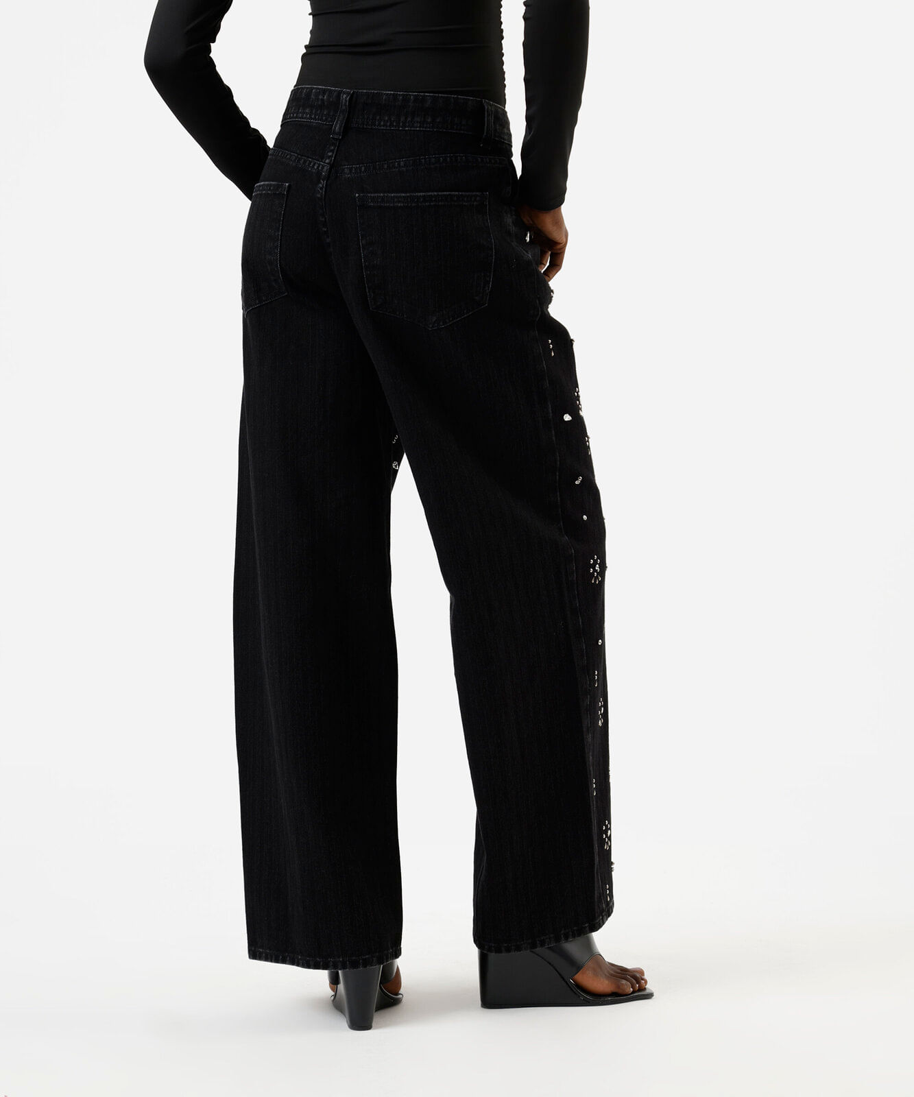 calça reta oversized feminina jeans com brilhos cintura alta preta