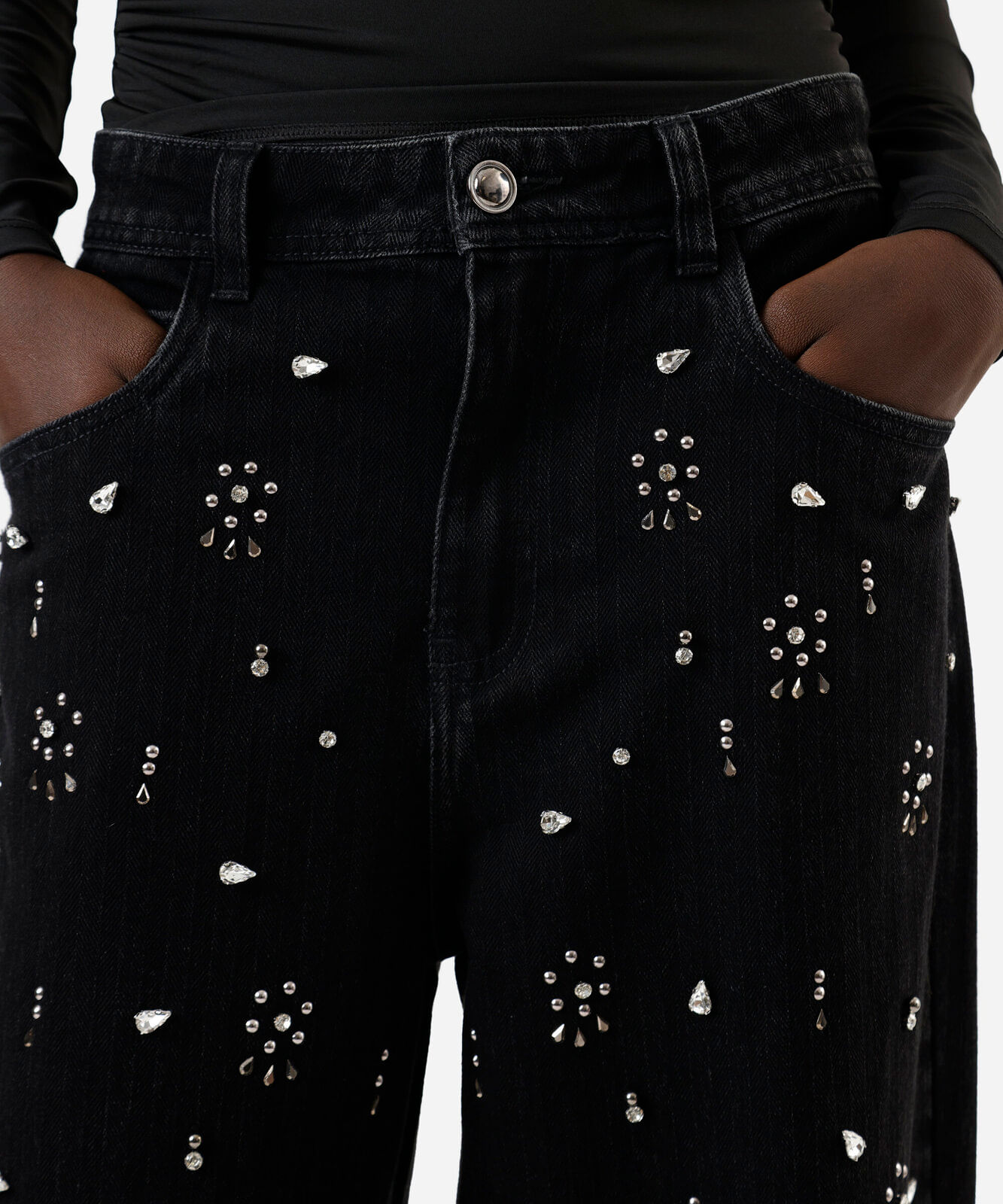 calça reta oversized feminina jeans com brilhos cintura alta preta