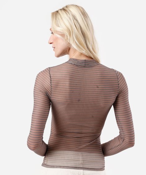 blusa feminina de tule gola alta manga longa pied de poule bege