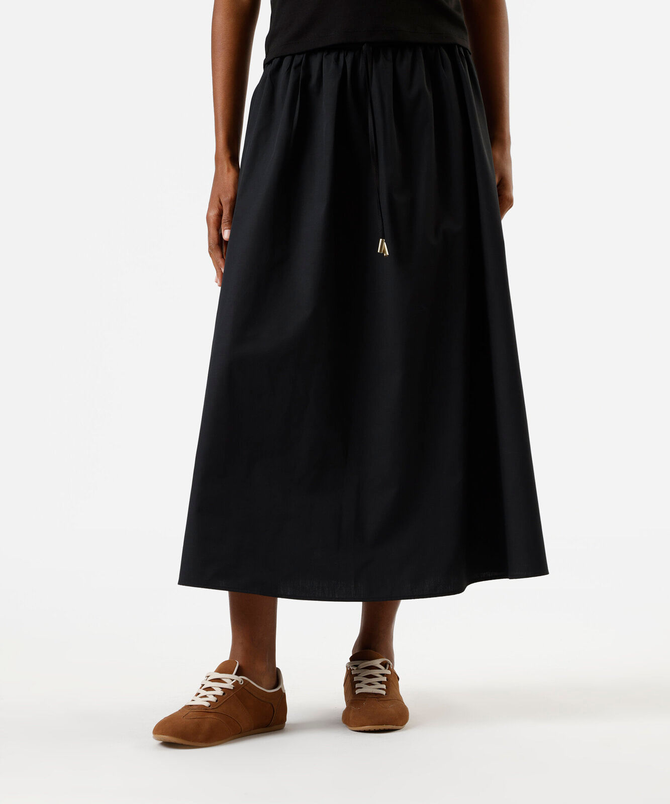 saia midi feminina cós elástico preta