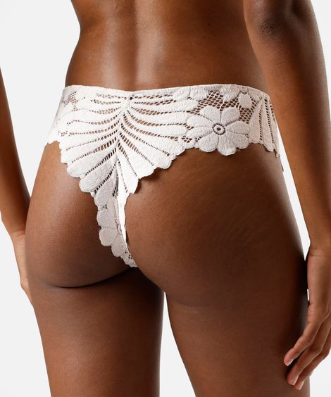 calcinha caleçon feminina de renda floral bege