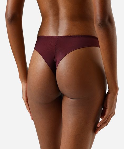 calcinha fio dental feminina de tule com bordado floral vinho