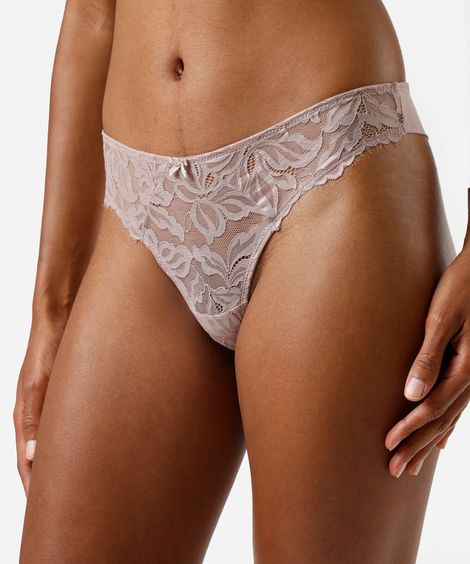 calcinha fio dental feminina com renda floral bege