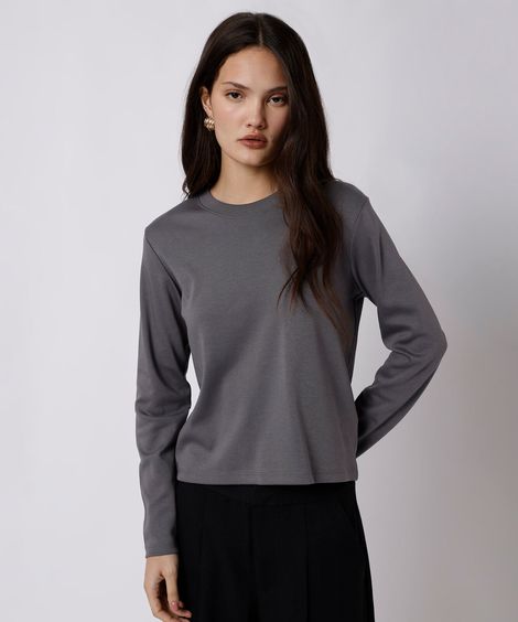 camiseta slim feminina de algodão peruano manga longa mindset cinza