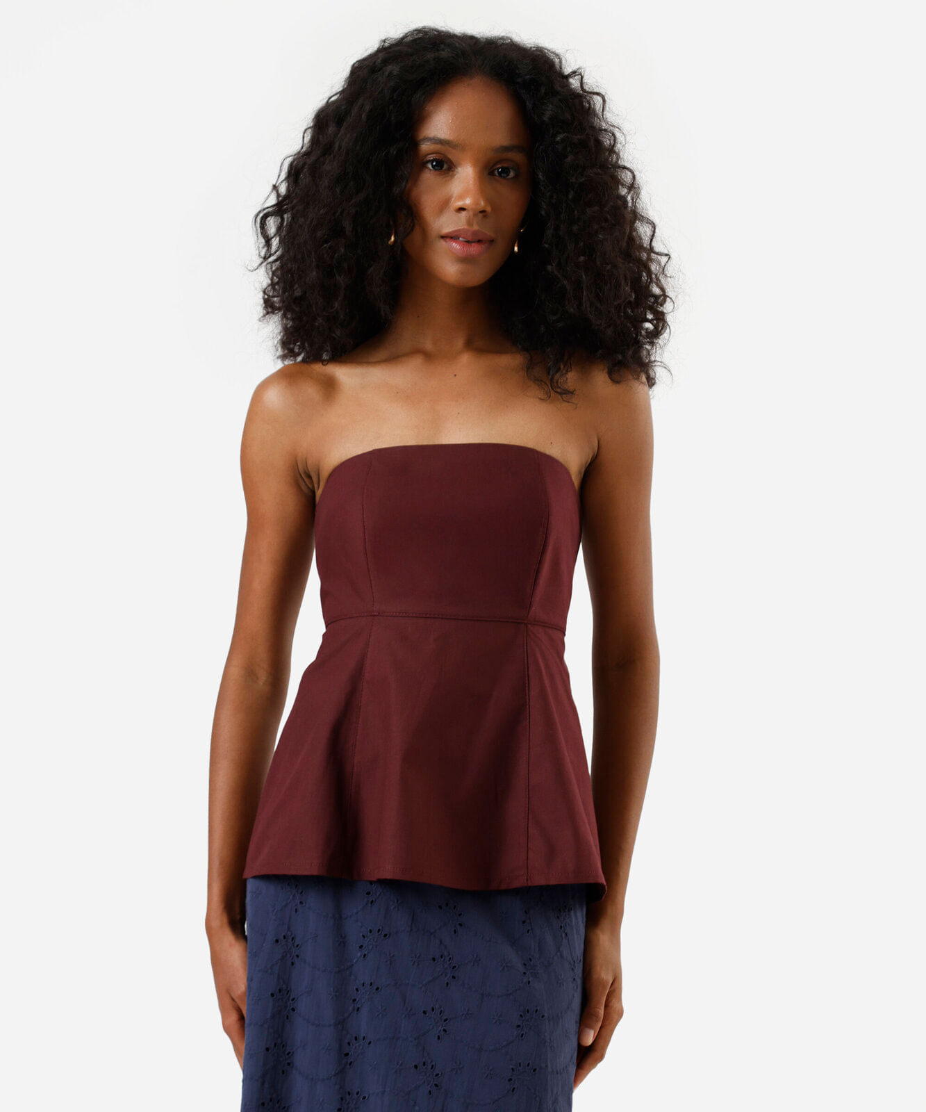 blusa peplum sem alça feminina de algodão vinho
