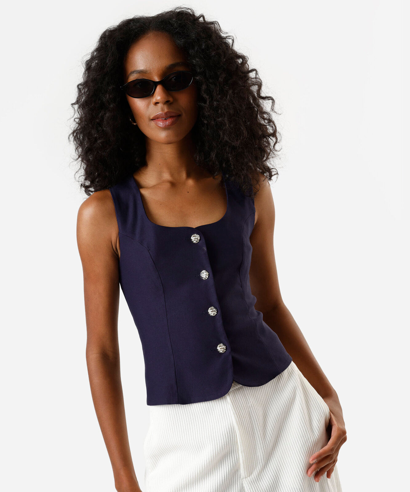 colete feminino com viscose decote quadrado azul