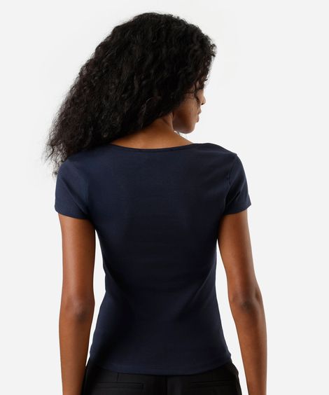 blusa baby look feminina de algodão decote quadrado azul