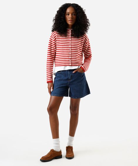short feminino jeans cintura alta azul