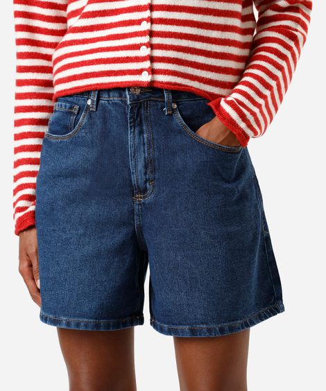 short feminino jeans cintura alta azul