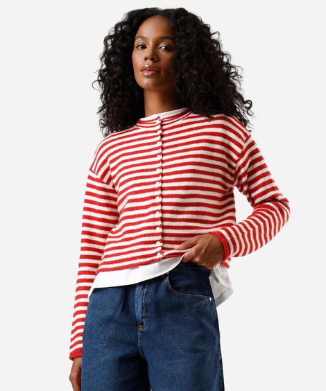 cardigan feminino de tricot listrado vermelho