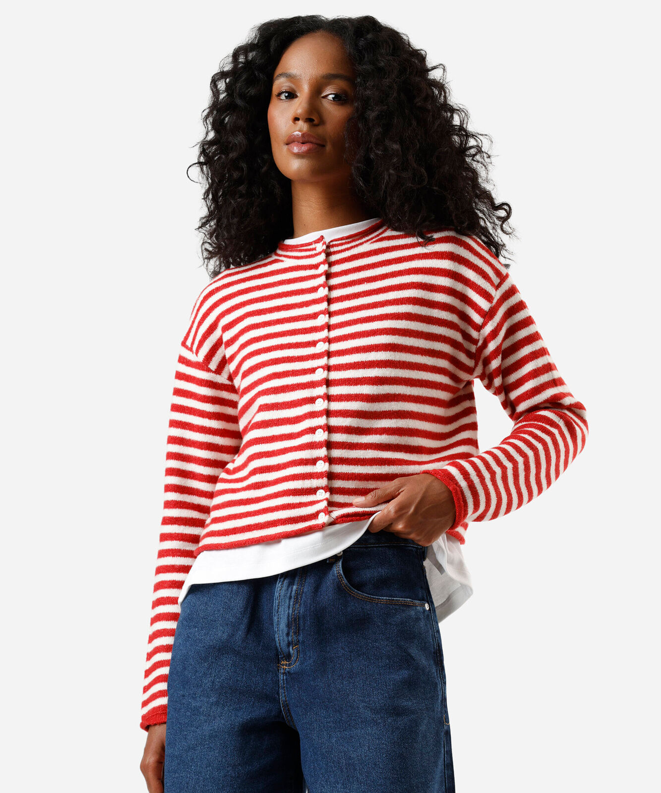 cardigan feminino de tricot listrado vermelho
