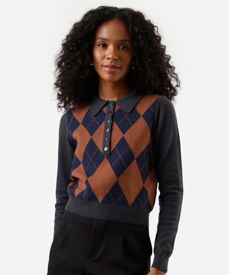 polo feminina de tricot manga longa xadrez argyle cinza