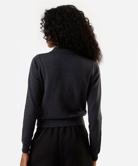 polo feminina de tricot manga longa xadrez argyle cinza