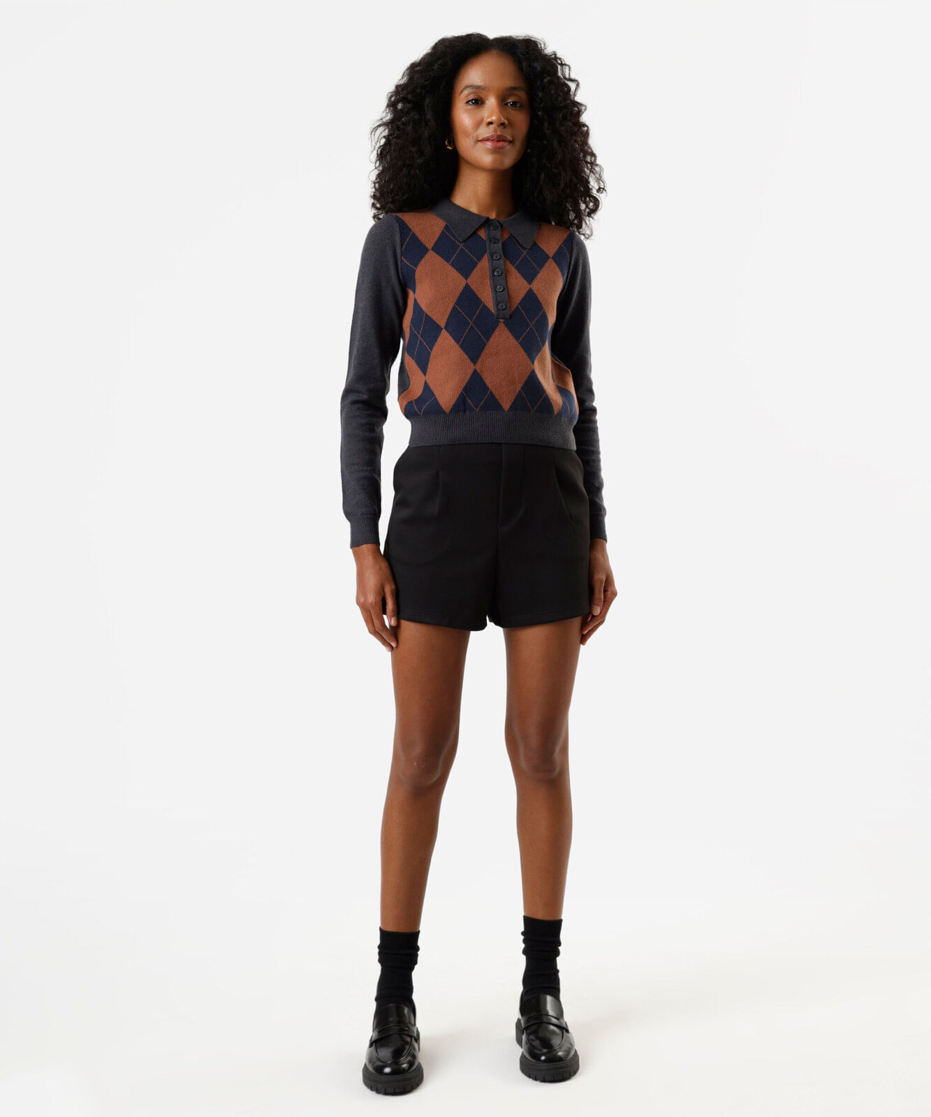 polo feminina de tricot manga longa xadrez argyle cinza