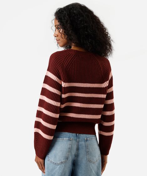 suéter feminino de tricot manga bufante listrado vinho