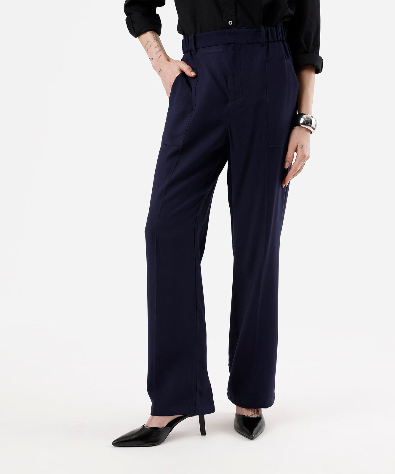 calça de alfaiataria feminina com viscose cós elástico azul