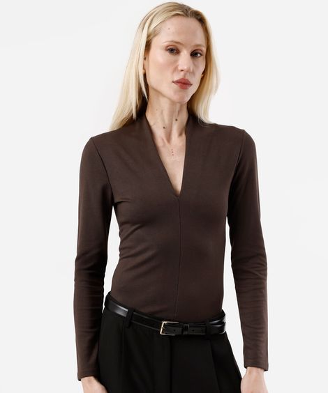 blusa feminina com viscose decote v manga longa marrom
