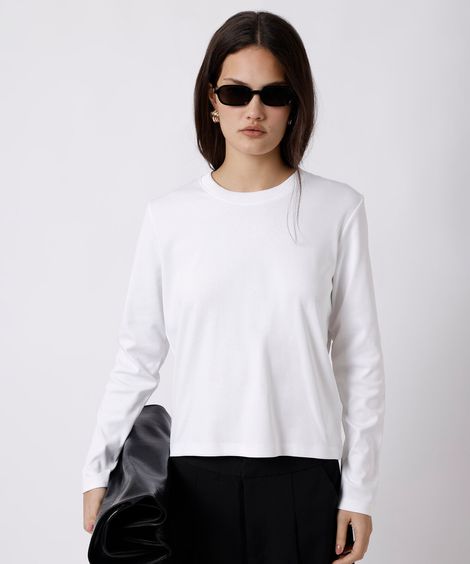 camiseta slim feminina de algodão peruano manga longa mindset branca