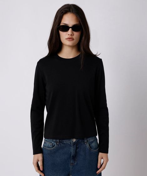 camiseta slim feminina de algodão peruano manga longa mindset preta