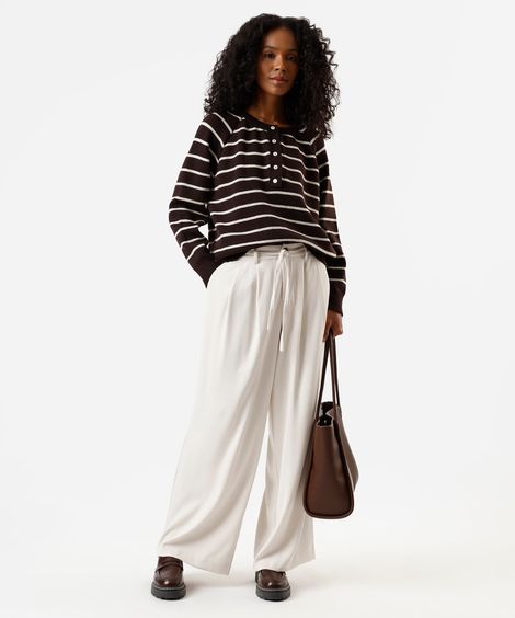 calça wide leg feminina com pregas e amarração bege