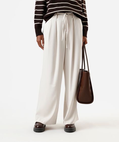 calça wide leg feminina com pregas e amarração bege