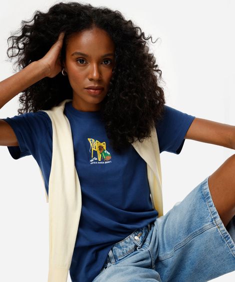 camiseta feminina manga curta de algodão estampada azul