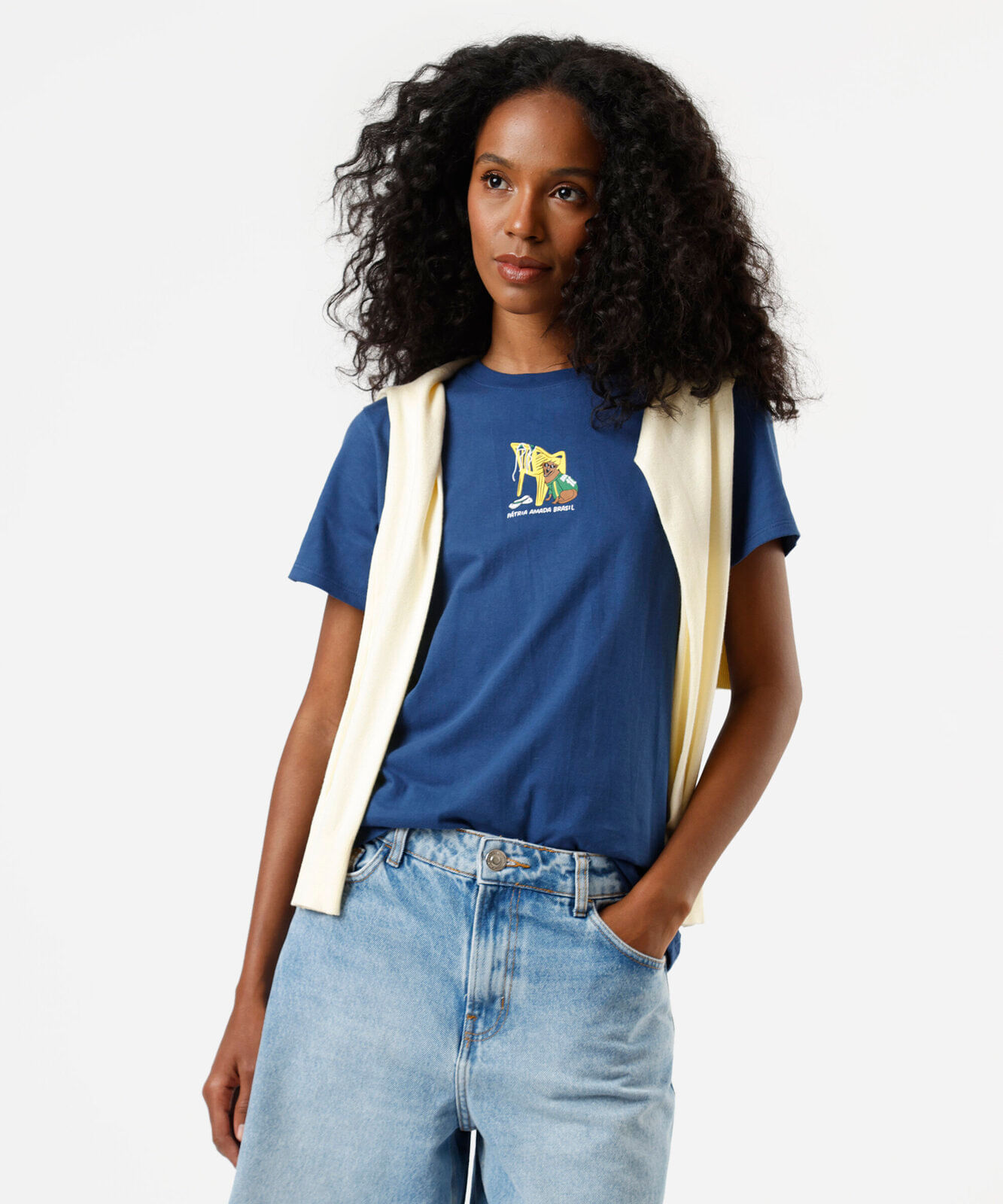 camiseta feminina manga curta de algodão estampada azul