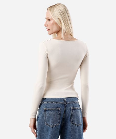 blusa feminina de algodão decote quadrado manga longa canelada bege