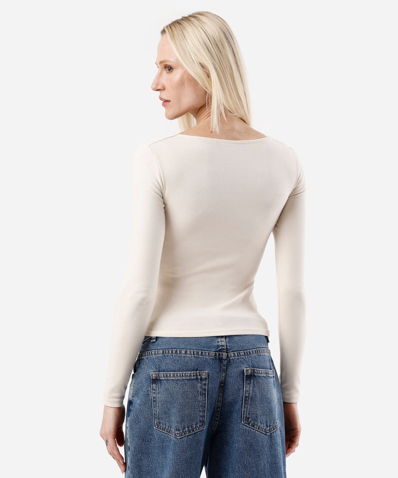 blusa feminina de algodão decote quadrado manga longa canelada bege