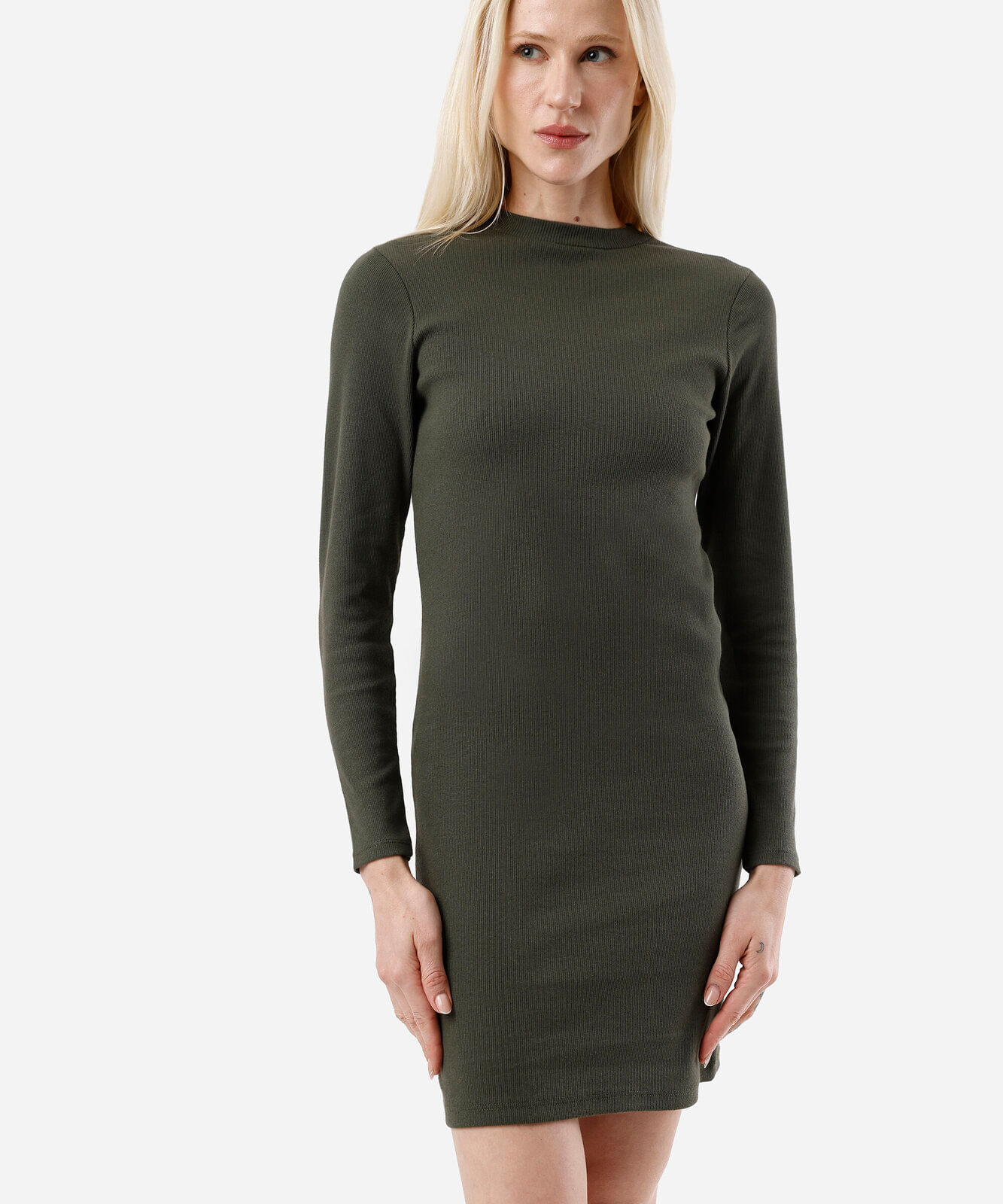 vestido curto feminino de algodão manga longa canelado verde