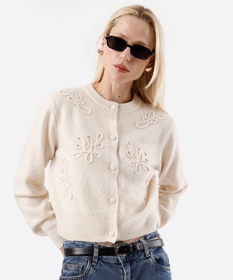 cardigan feminino de tricot com bordados bege