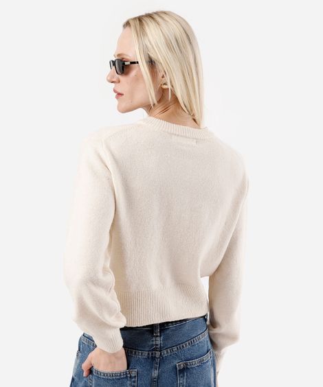 cardigan feminino de tricot com bordados bege