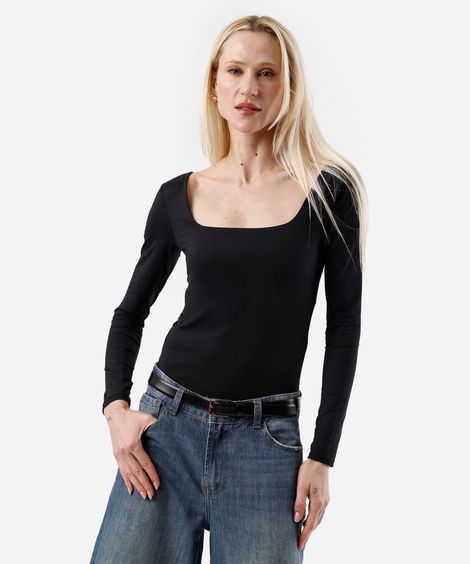 body feminino de poliamida decote quadrado manga longa preto