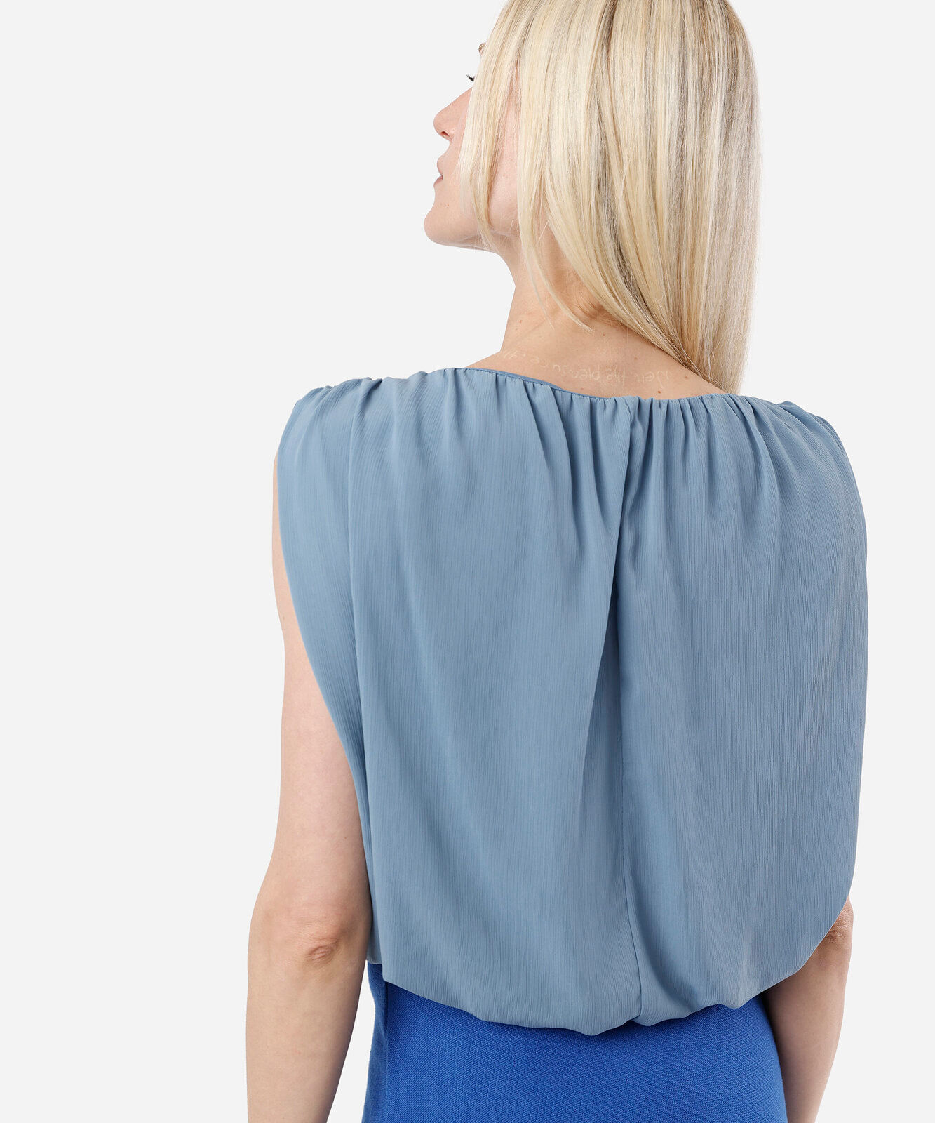 blusa balonê feminina decote canoa franzida azul
