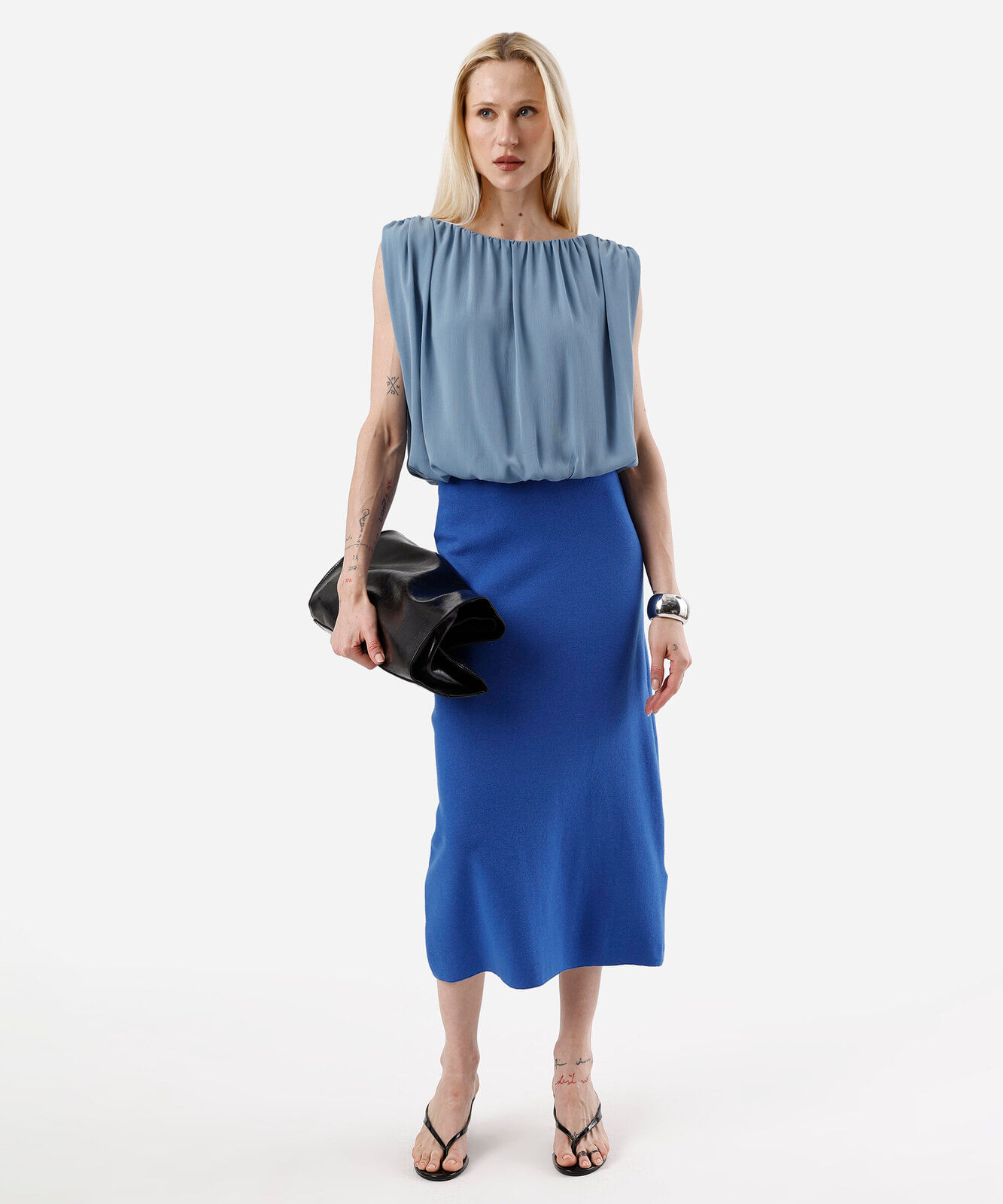 blusa balonê feminina decote canoa franzida azul