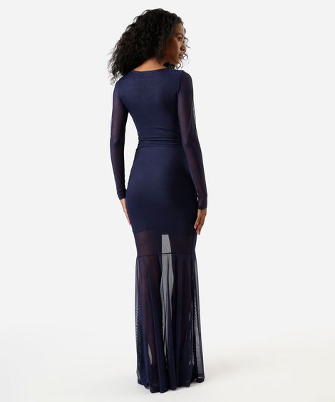 vestido longo feminino de tule manga longa azul
