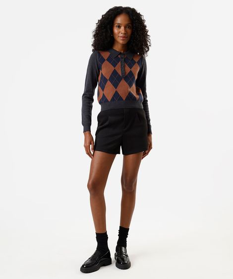 short feminino com pregas cós elástico preto