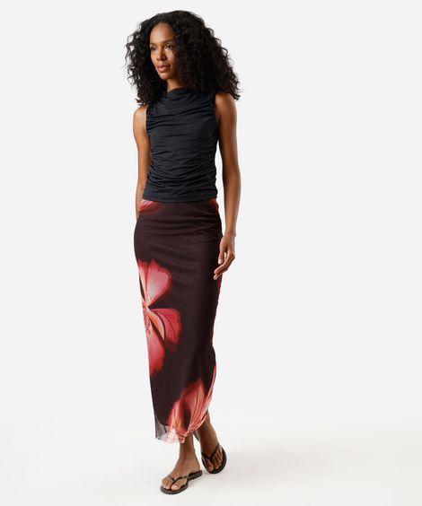 saia midi feminina de tule com franzido floral marrom
