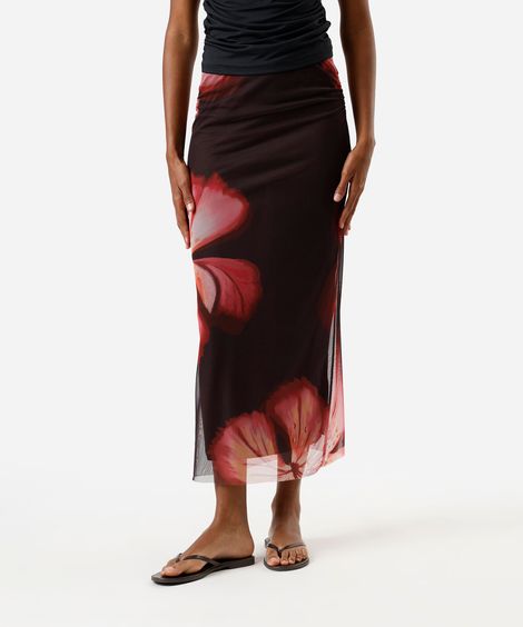saia midi feminina de tule com franzido floral marrom