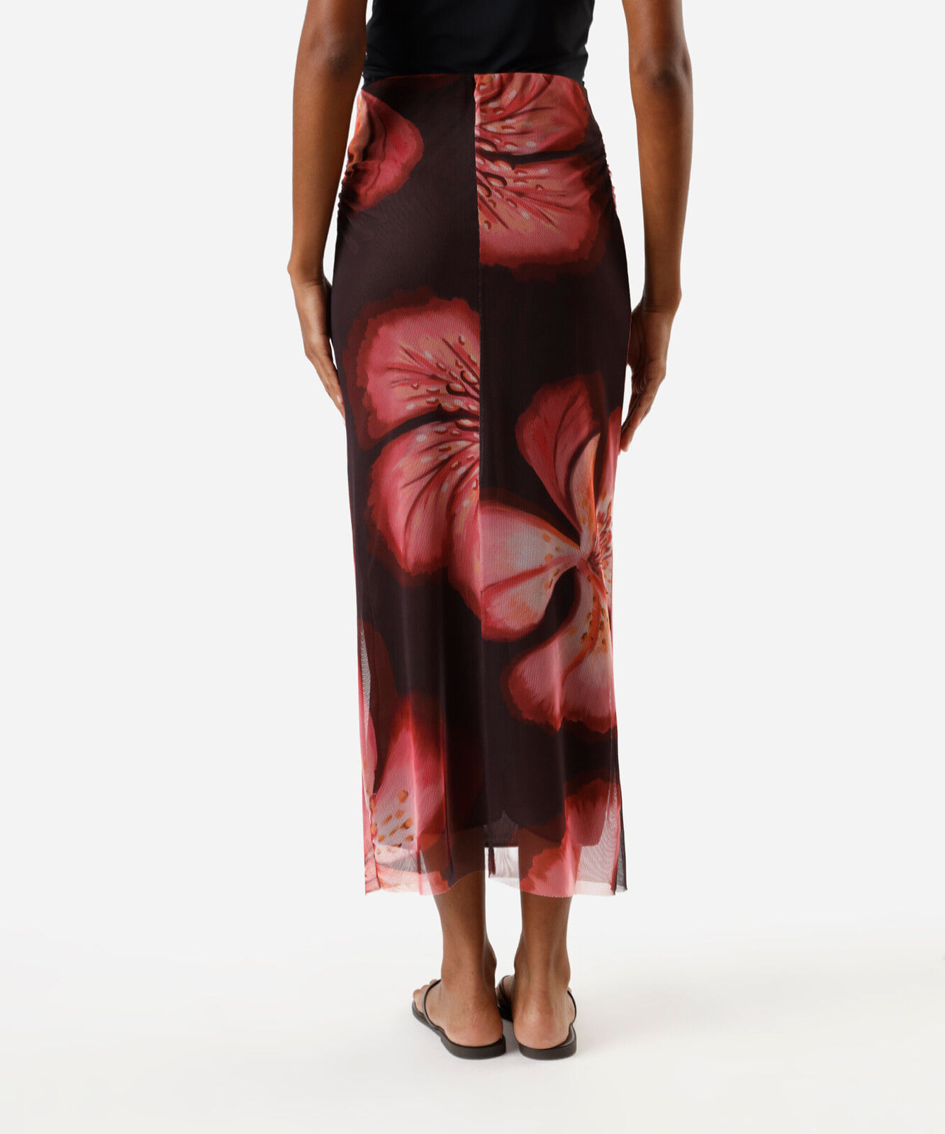 saia midi feminina de tule com franzido floral marrom
