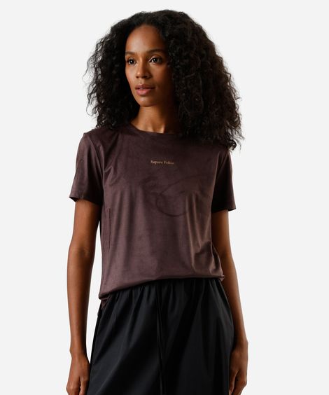 camiseta feminina de suede manga curta estampada marrom