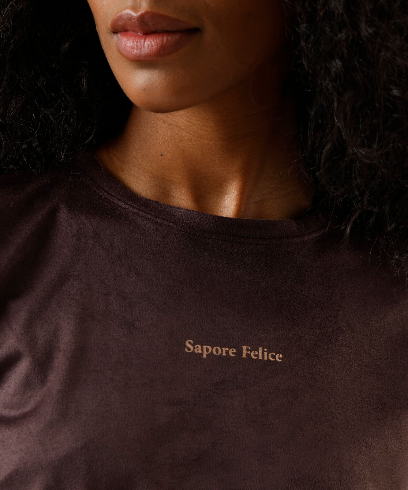 camiseta feminina de suede manga curta estampada marrom