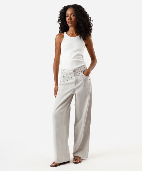 calça oversized feminina jeans com brilhos cintura média cinza