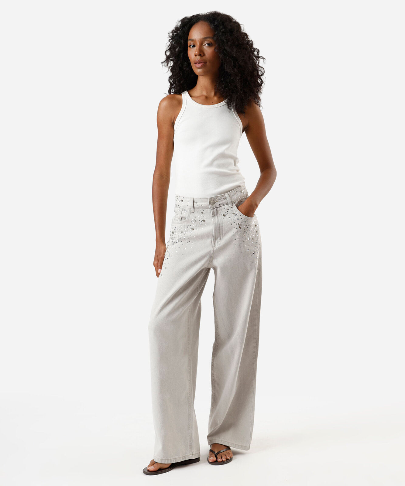 calça oversized feminina jeans com brilhos cintura média cinza