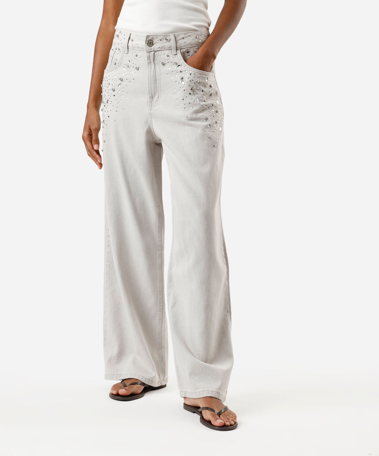 calça oversized feminina jeans com brilhos cintura média cinza
