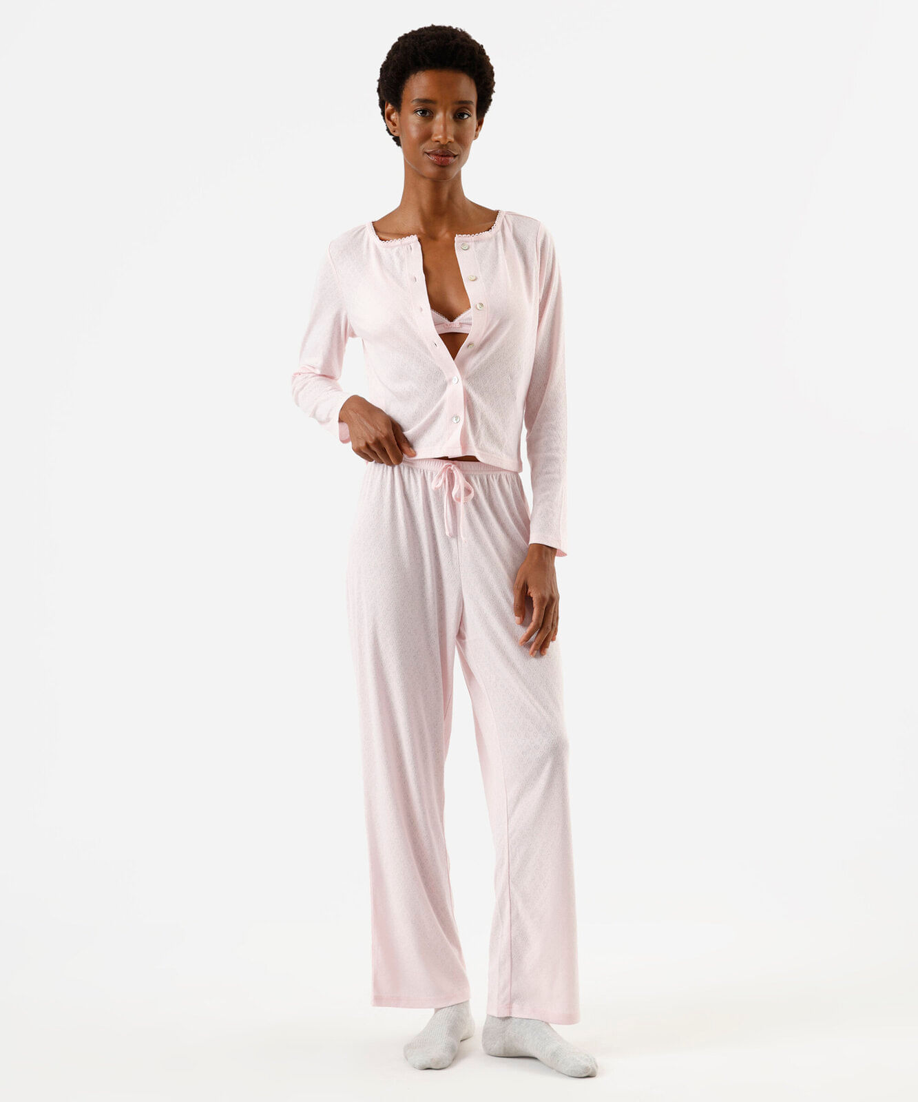 pijama longo feminino texturizado corações rosa
