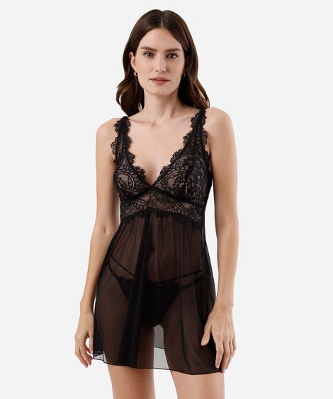 camisola feminina de tule com renda floral preta