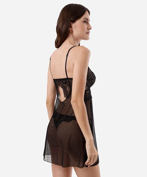 camisola feminina de tule com renda floral preta